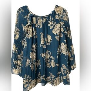 A.N.A Floral Print Blue Bell Sleeve Women's Top